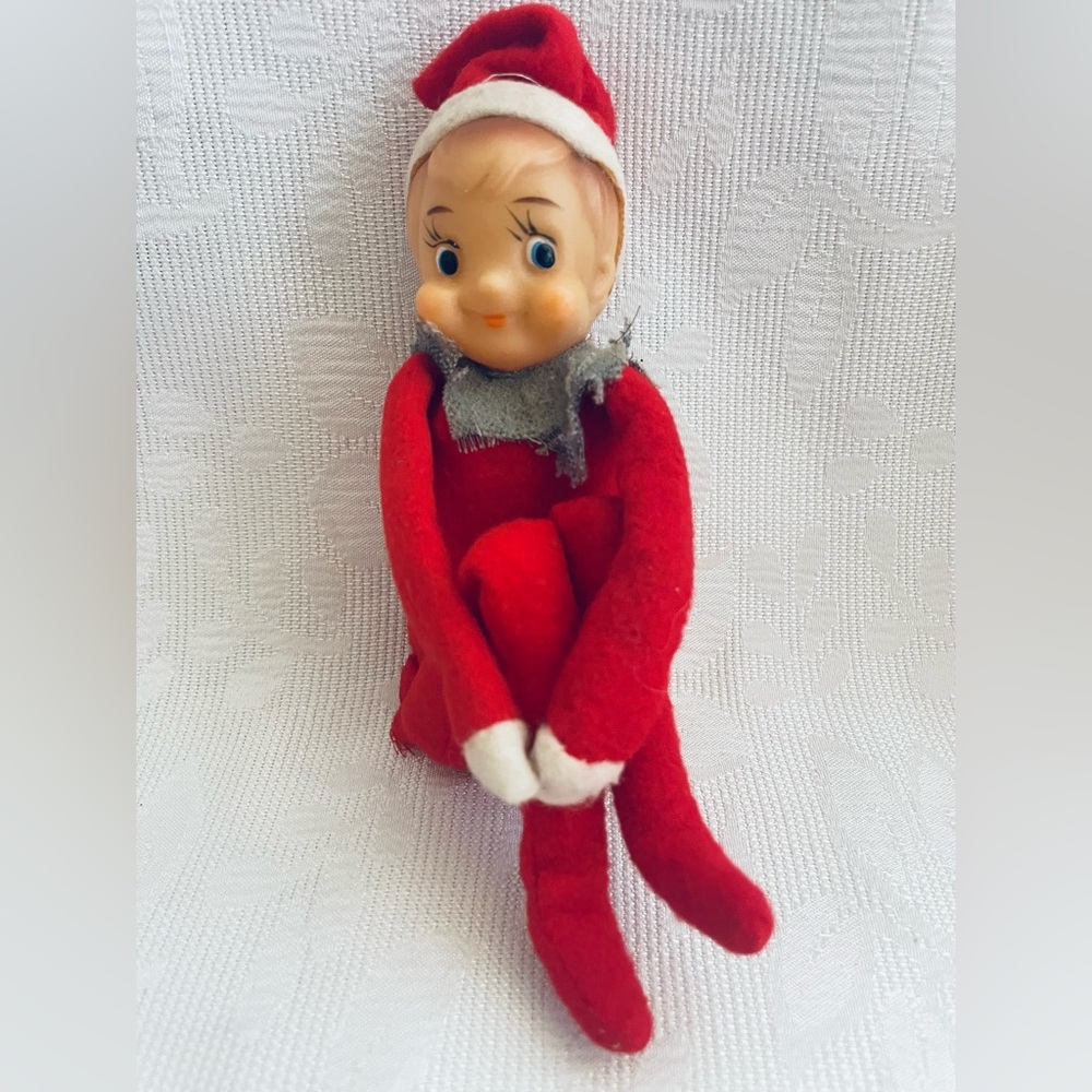 Vintage RARE Christmas elf sitter pixie Blonde Blue Eyed Boy Gray Collar